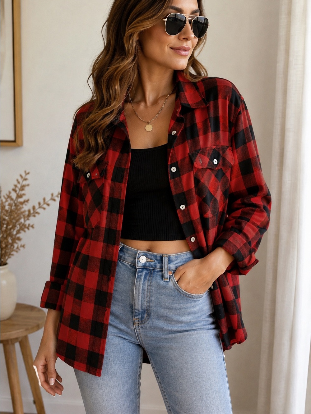Made in Italy Plaid Flannel Button-Down Shirt Jacket - Red Black